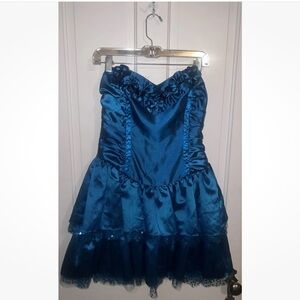 Vintage Y2K Betsey Johnson Strapless Teal Blue Ruffled Evening Mini Dress S-M